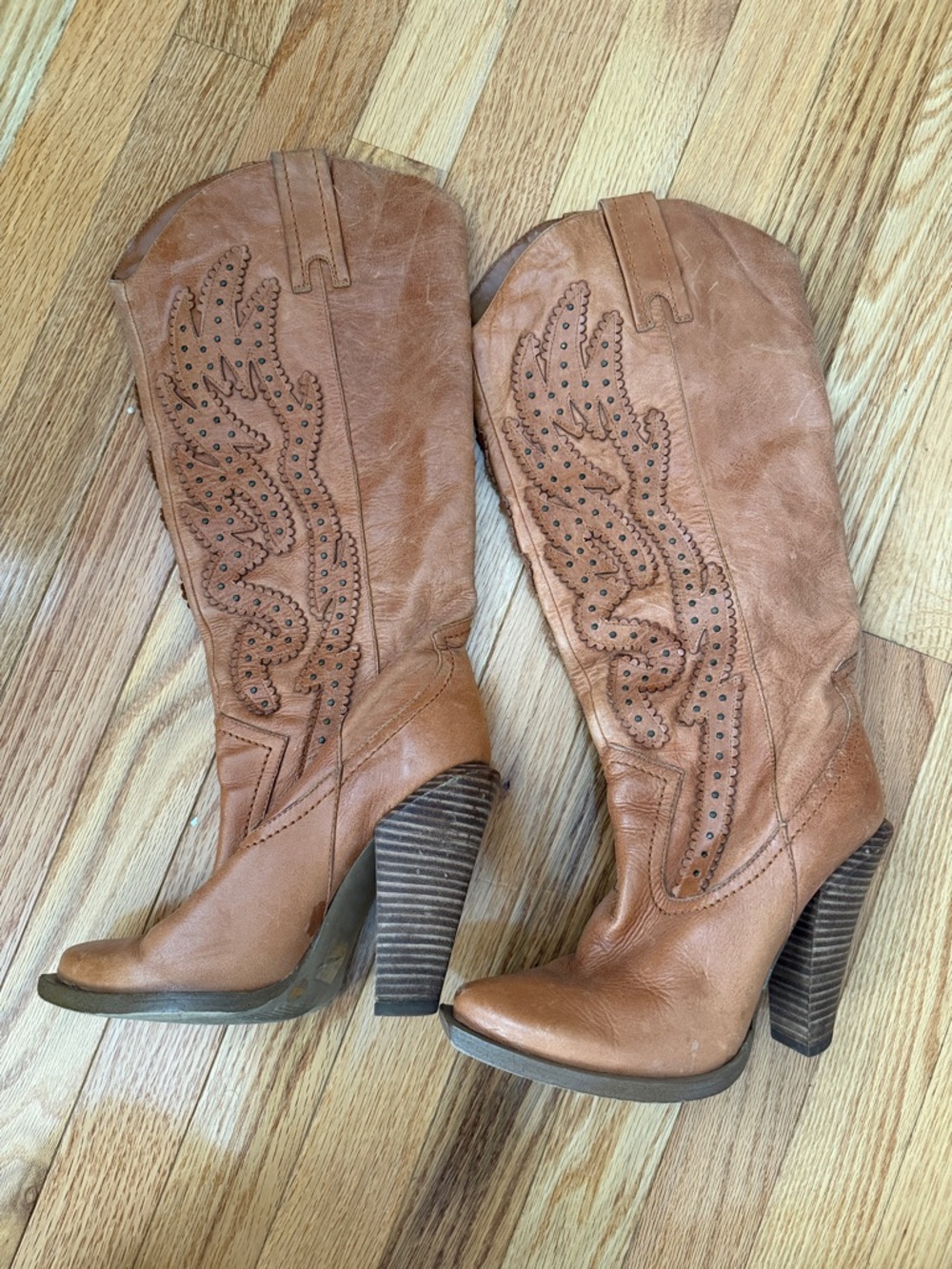 Women's Tan Leather Western High-Heel Boots